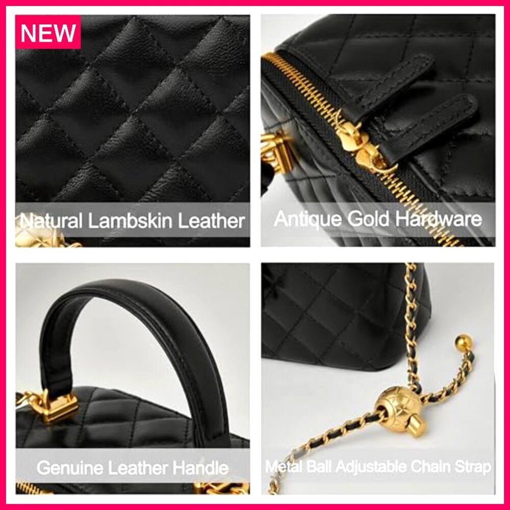 Small Quilted Leather Crossbody Bag with Chain Strap Mini Top Handle Pouch - Picture 4 of 8